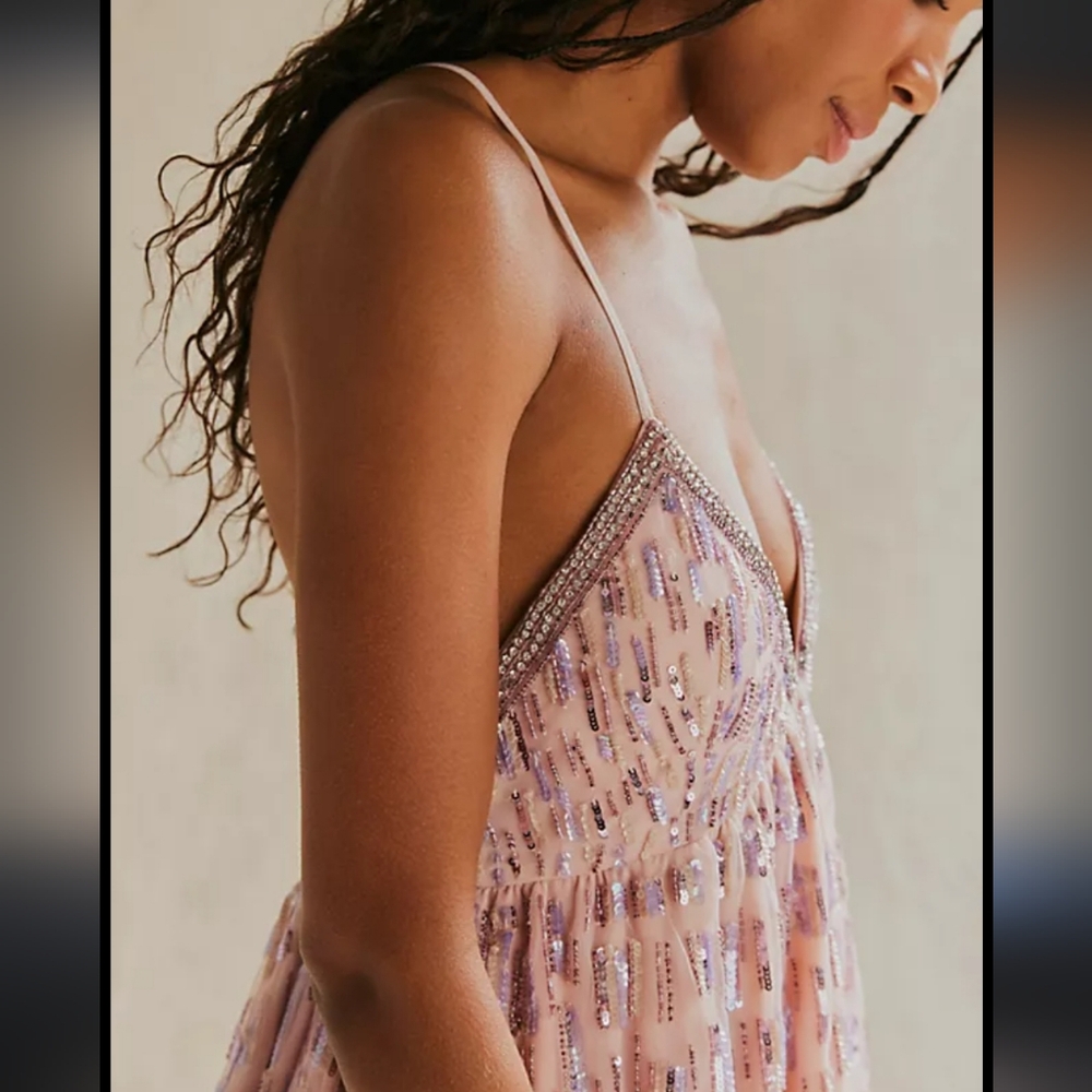 NEW FREE PEOPLE Dance Party Mini Dress Embellished beaded parfait pink combo L - Picture 3 of 5